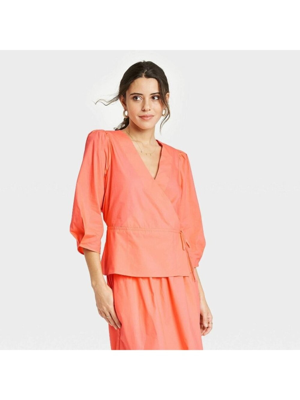 A New Day Faux Wrap 3/4 Sleeve Lightweight Cotton Peach Shirt - Size Medium 8/10